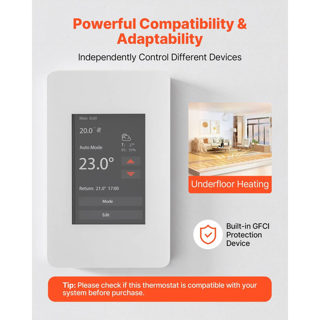 White underfloor heating thermostat with TFT display and safety protection icon