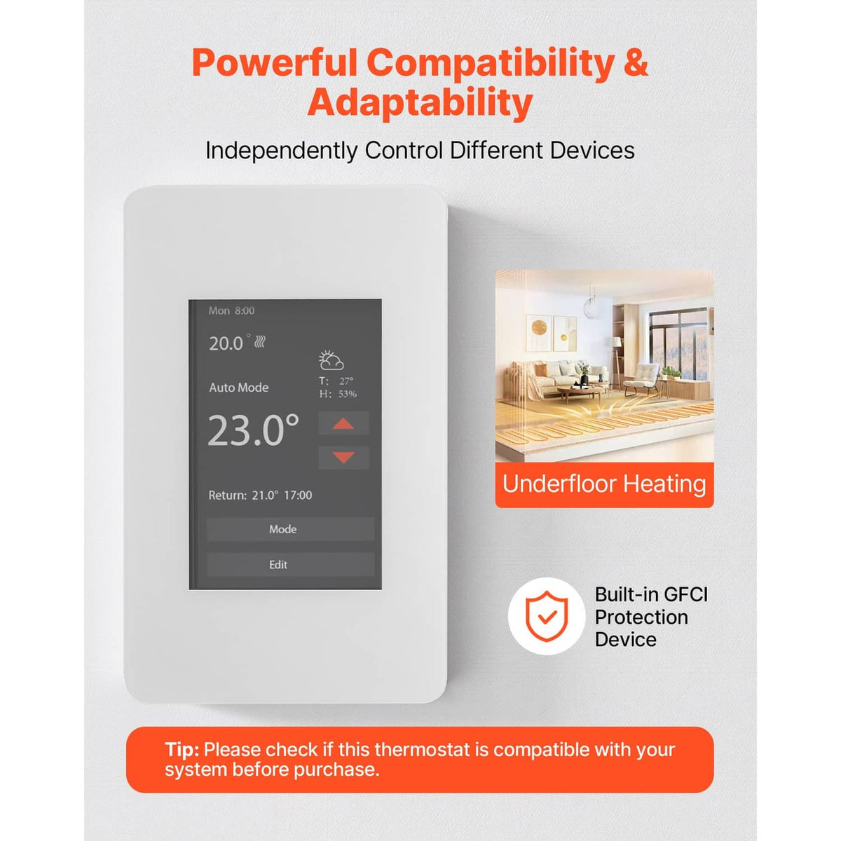 White underfloor heating thermostat with TFT display and safety protection icon