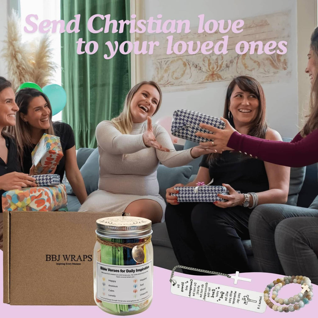 Bible verse jar with beaded cross bracelet and kraft gift box on display