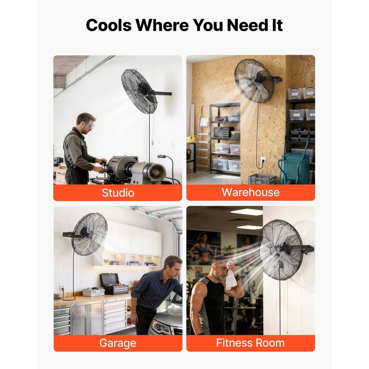 Uimoso wall fan used in workshop and garage settings on adjustable brackets