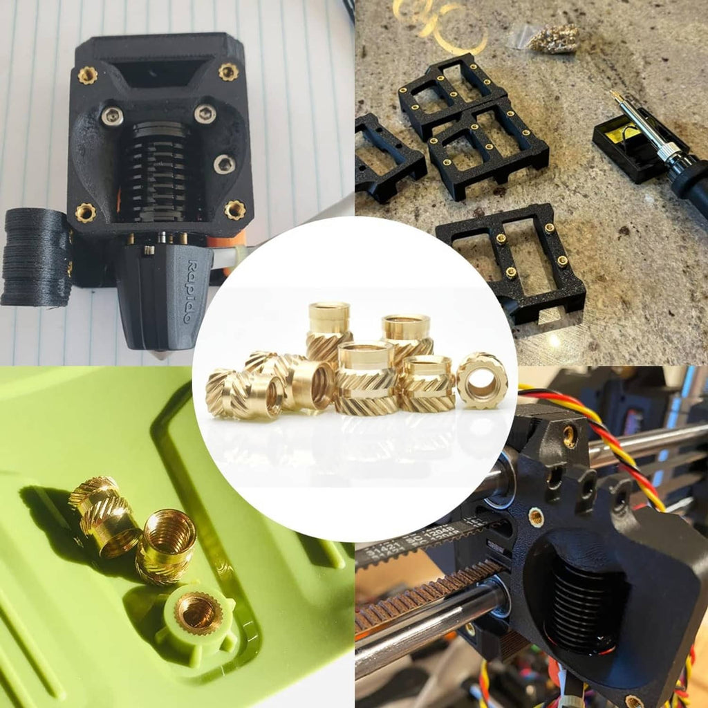 Brass heat-set inserts with black tool head and jig pieces for 3D printing inserts