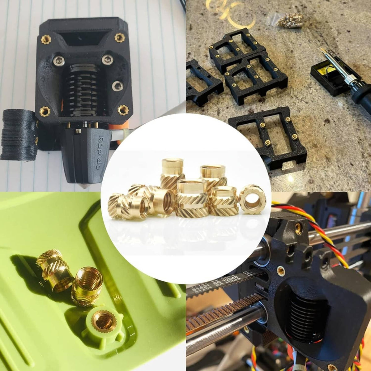 Brass heat-set inserts with black tool head and jig pieces for 3D printing inserts