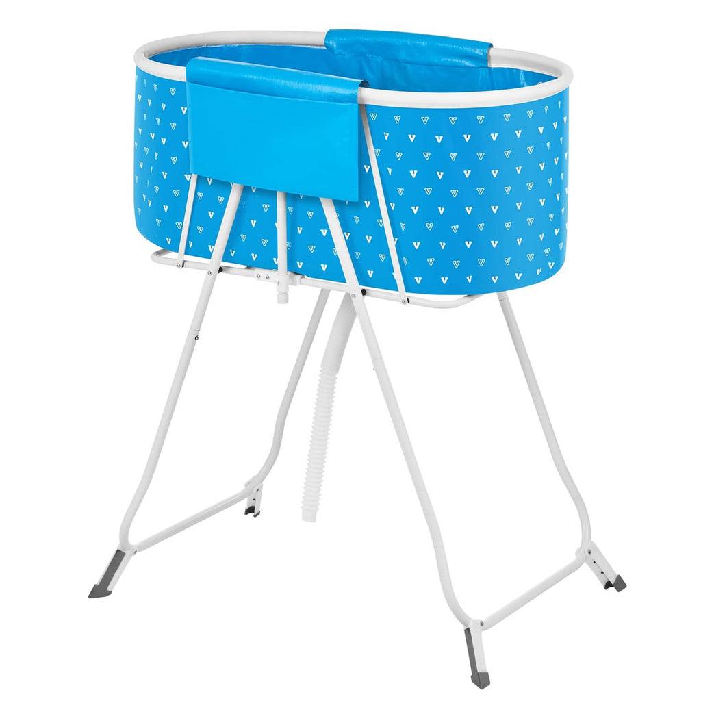 Foldable elevated dog bathtub with blue tub, side guard, and white tripod legs