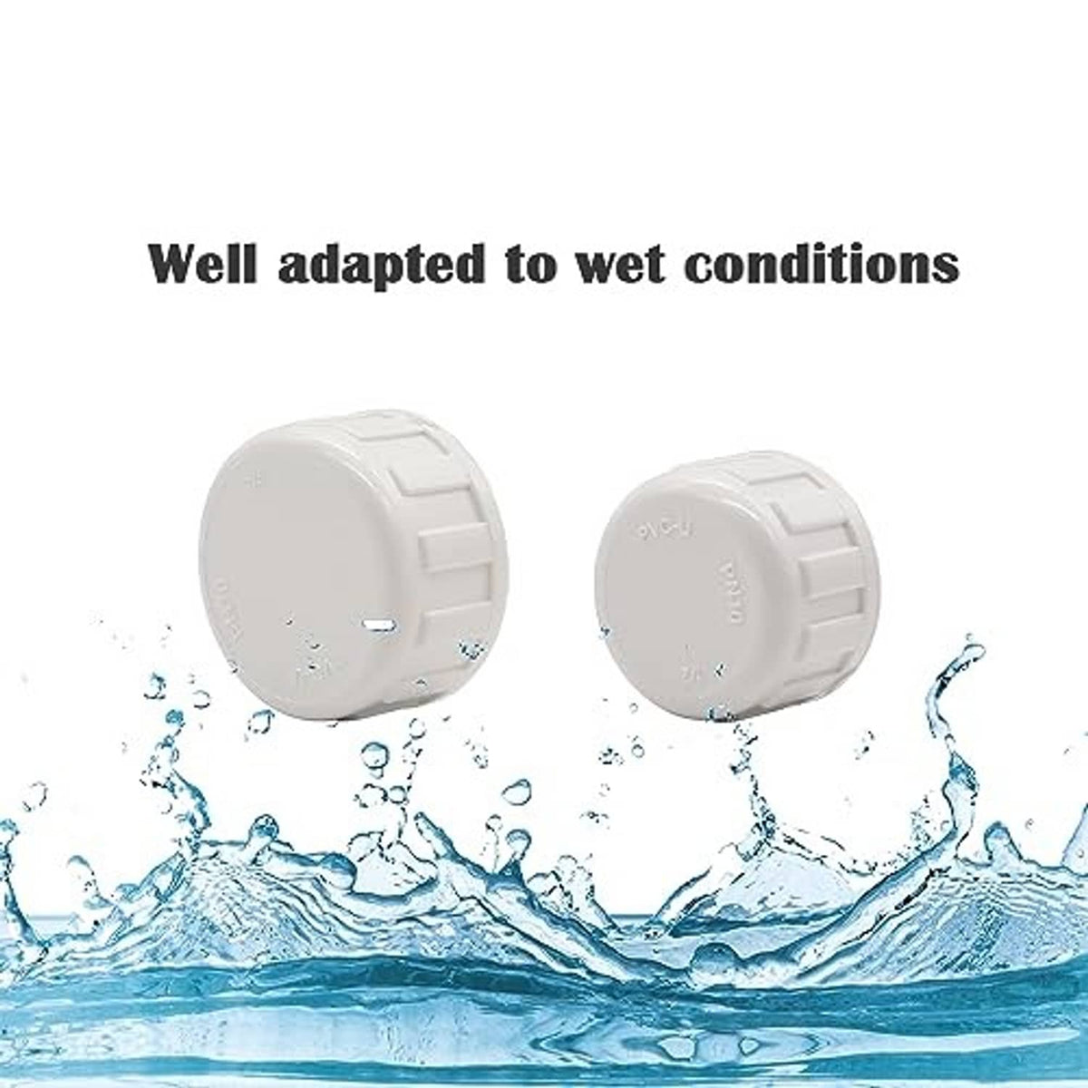 White PVC pipe end cap plugs with ridged exterior and closed top for sealing female threads