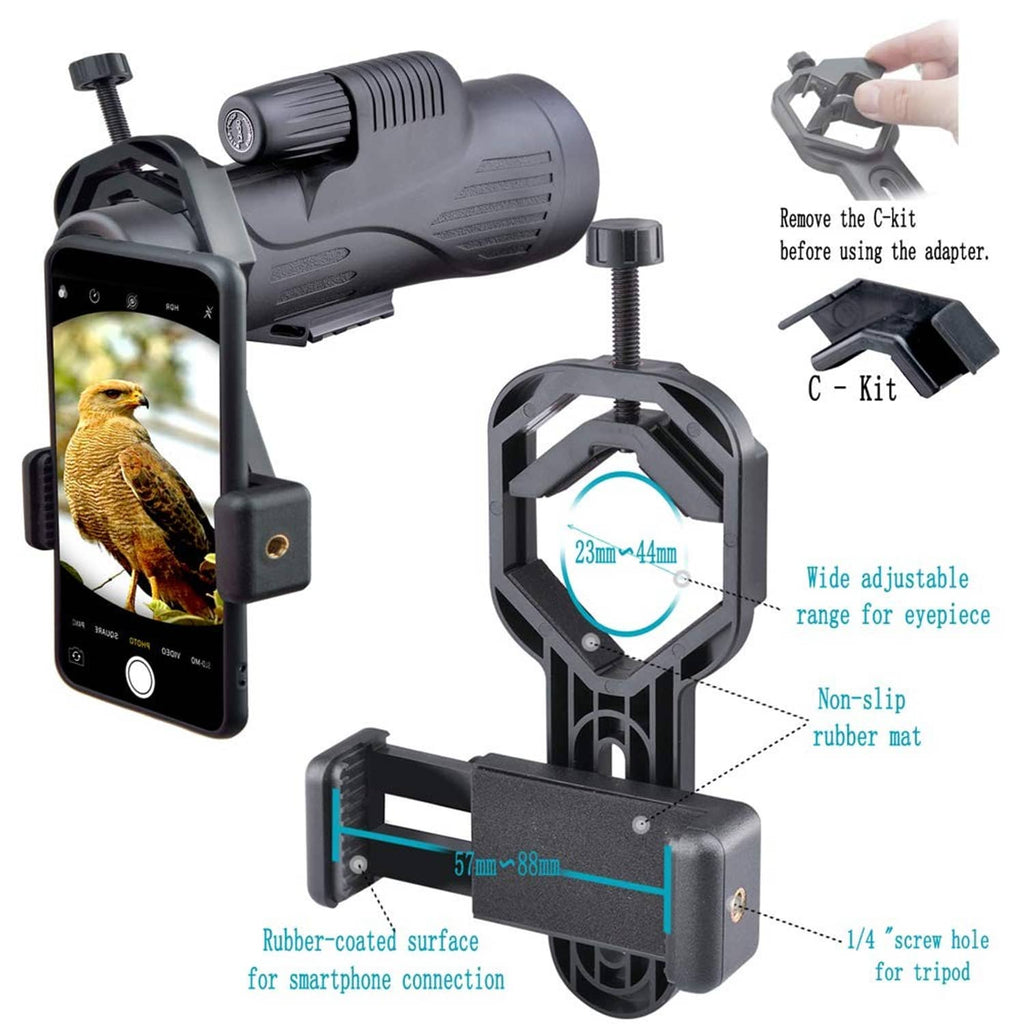 Smartphone telescope adapter clamp with rubber grip pad and adjustable opening