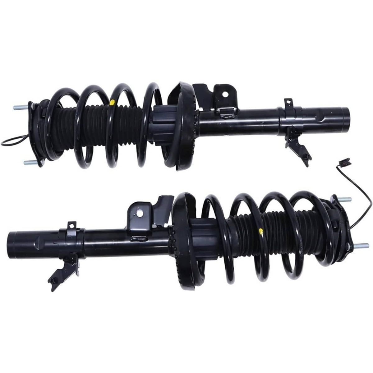Front shock absorber pair with black coil springs, top plates, and electrical leads