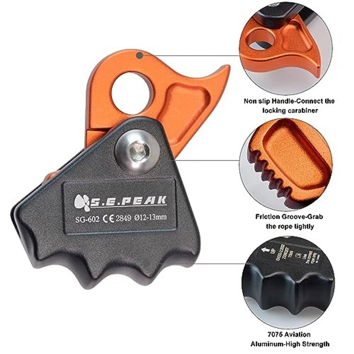 Orange and black rope grab ascender with labeled features and inset diagram