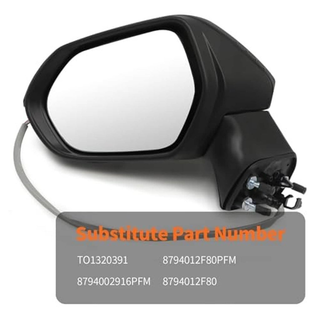 Black side mirror assembly with reflective glass and attached mounting bracket hardware