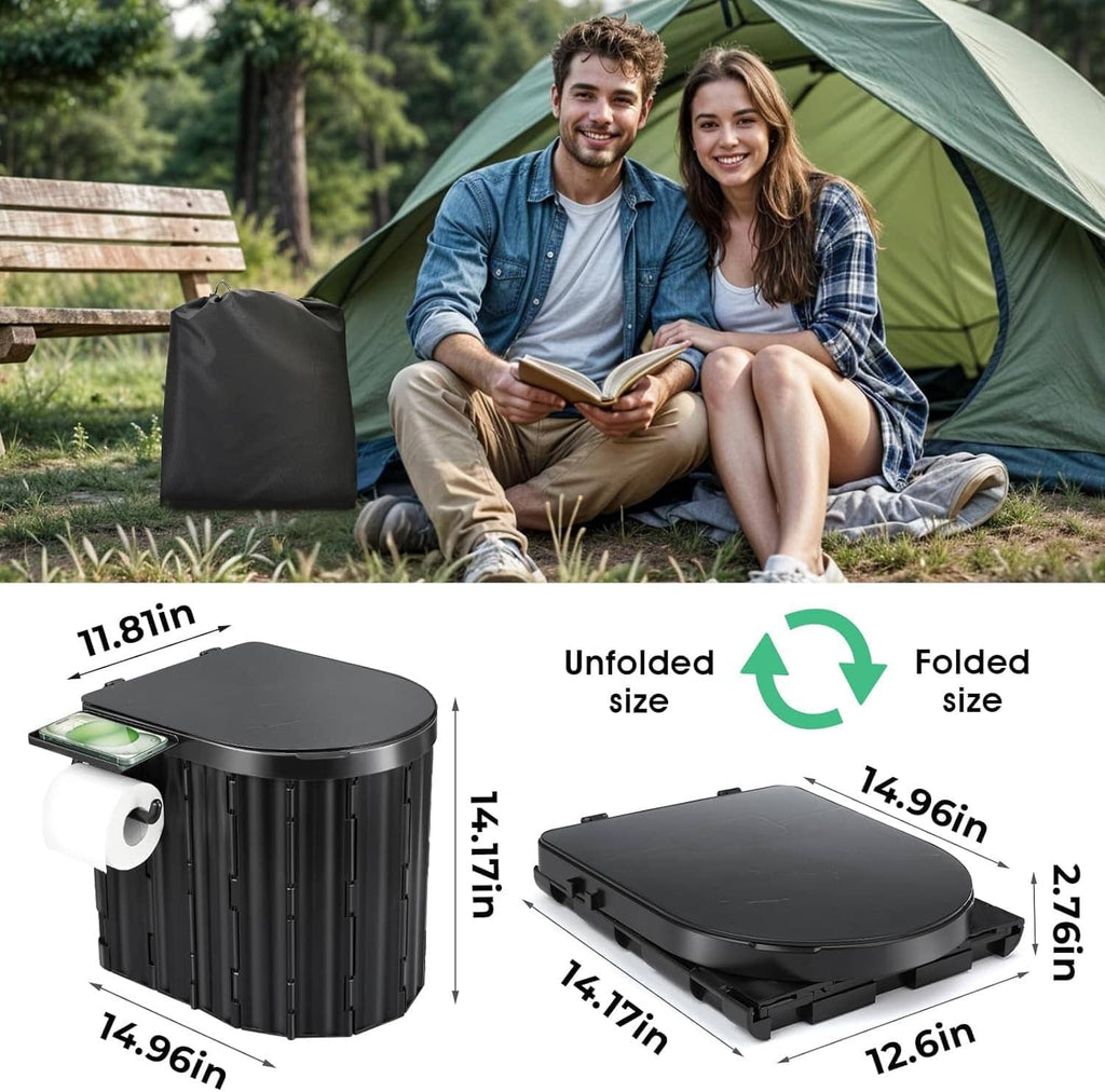 Portable toilet for camping with unfolded black seat and seat cover
