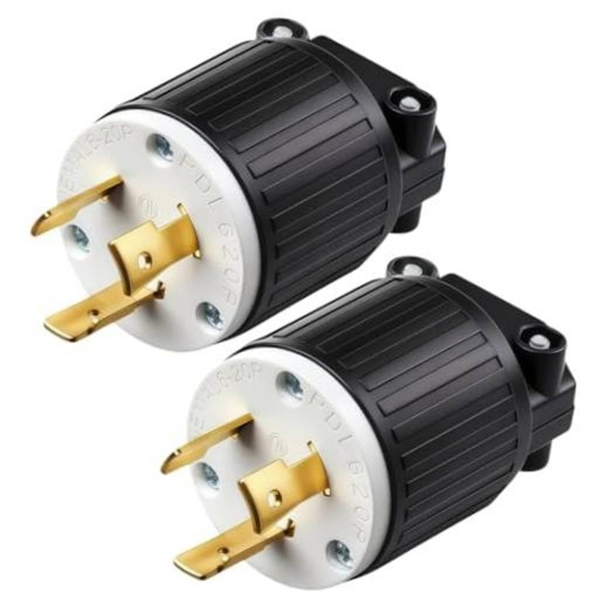 NEMA locking plug with twist-lock body and three gold prongs