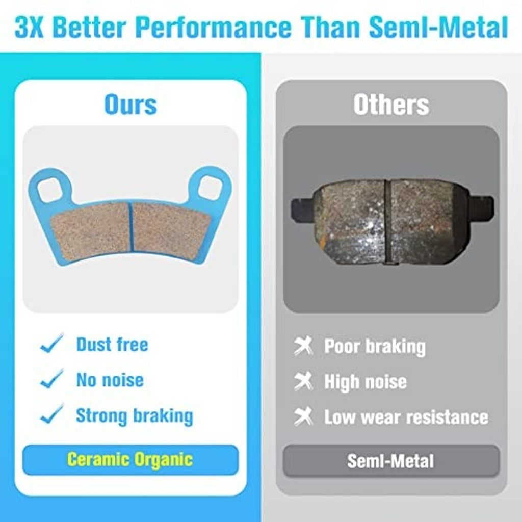 Ceramic brake pad graphic with blue-backed pads and brown friction material, side view