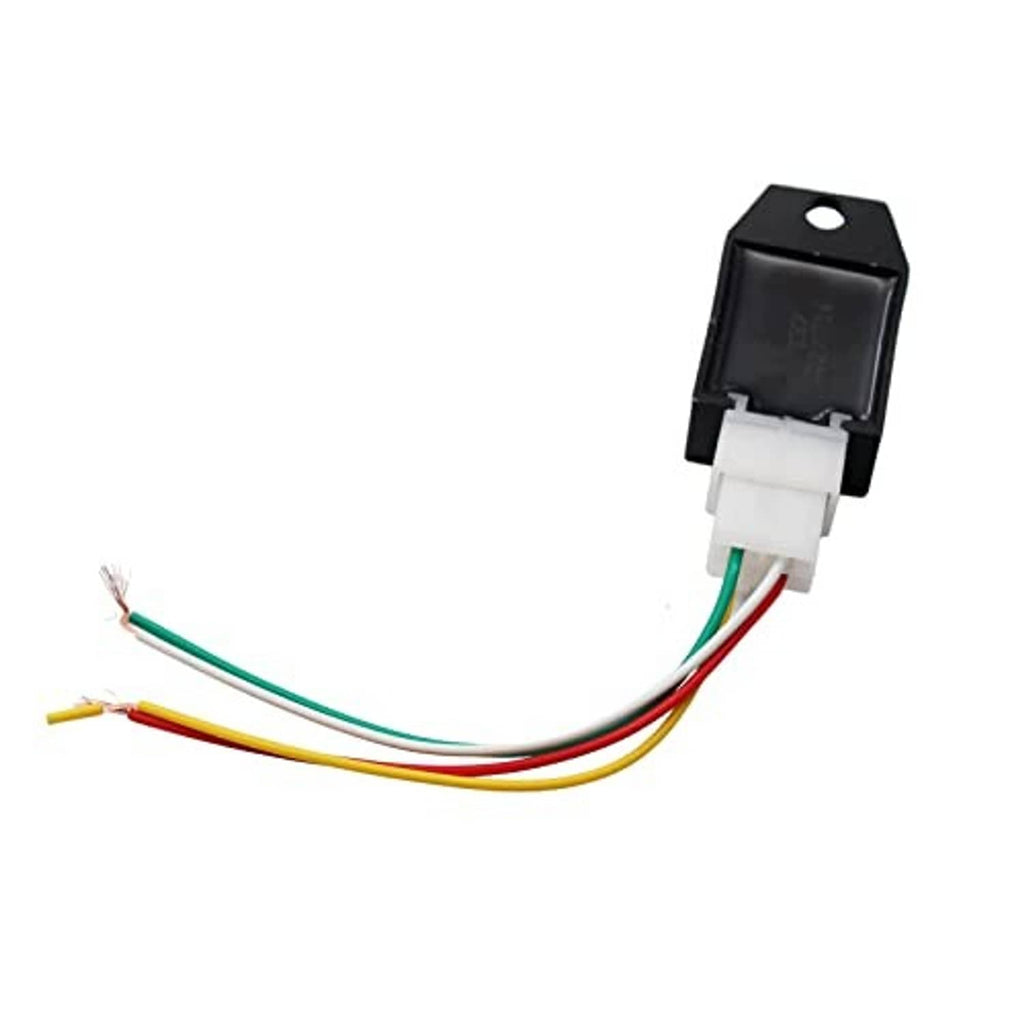 Black voltage rectifier regulator with mounting hole, transistor body, and multi-wire leads