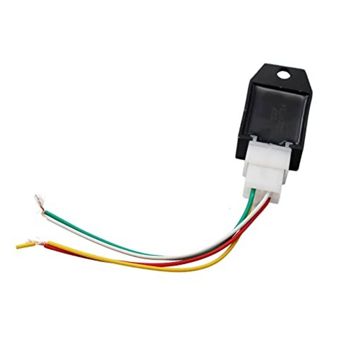 Black voltage rectifier regulator with mounting hole, transistor body, and multi-wire leads