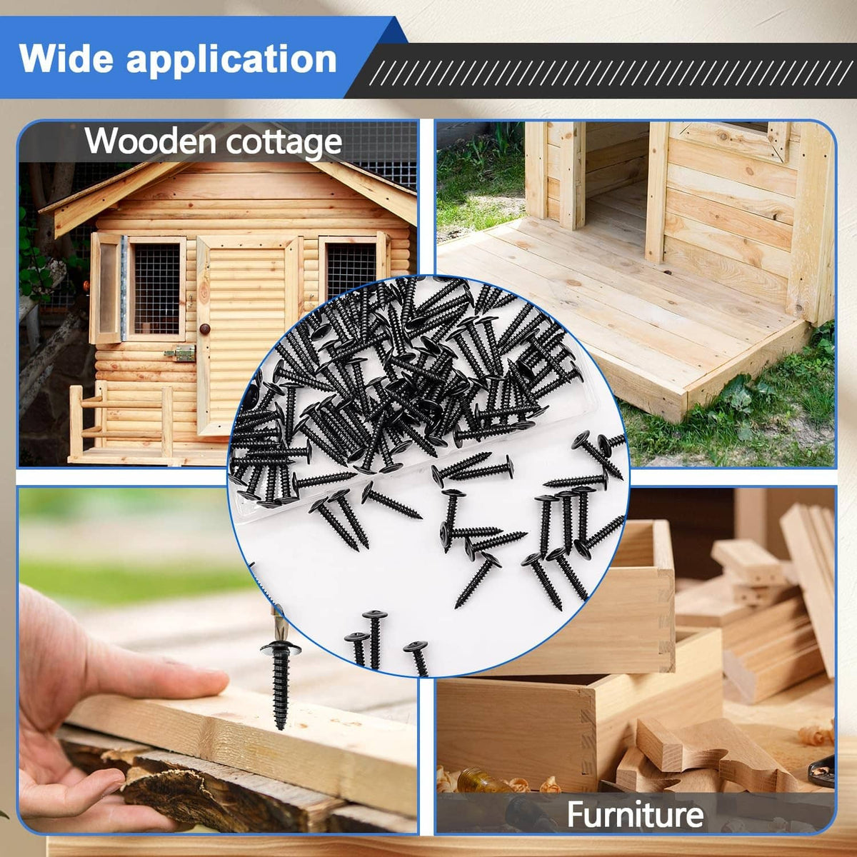 Large pile of black cross-drive wood screws for furniture and wood projects
