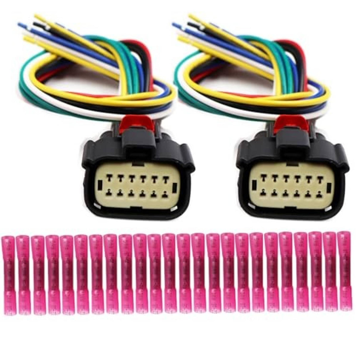 Two headlight wiring harness connectors with multi-pin sockets and color-coded wires