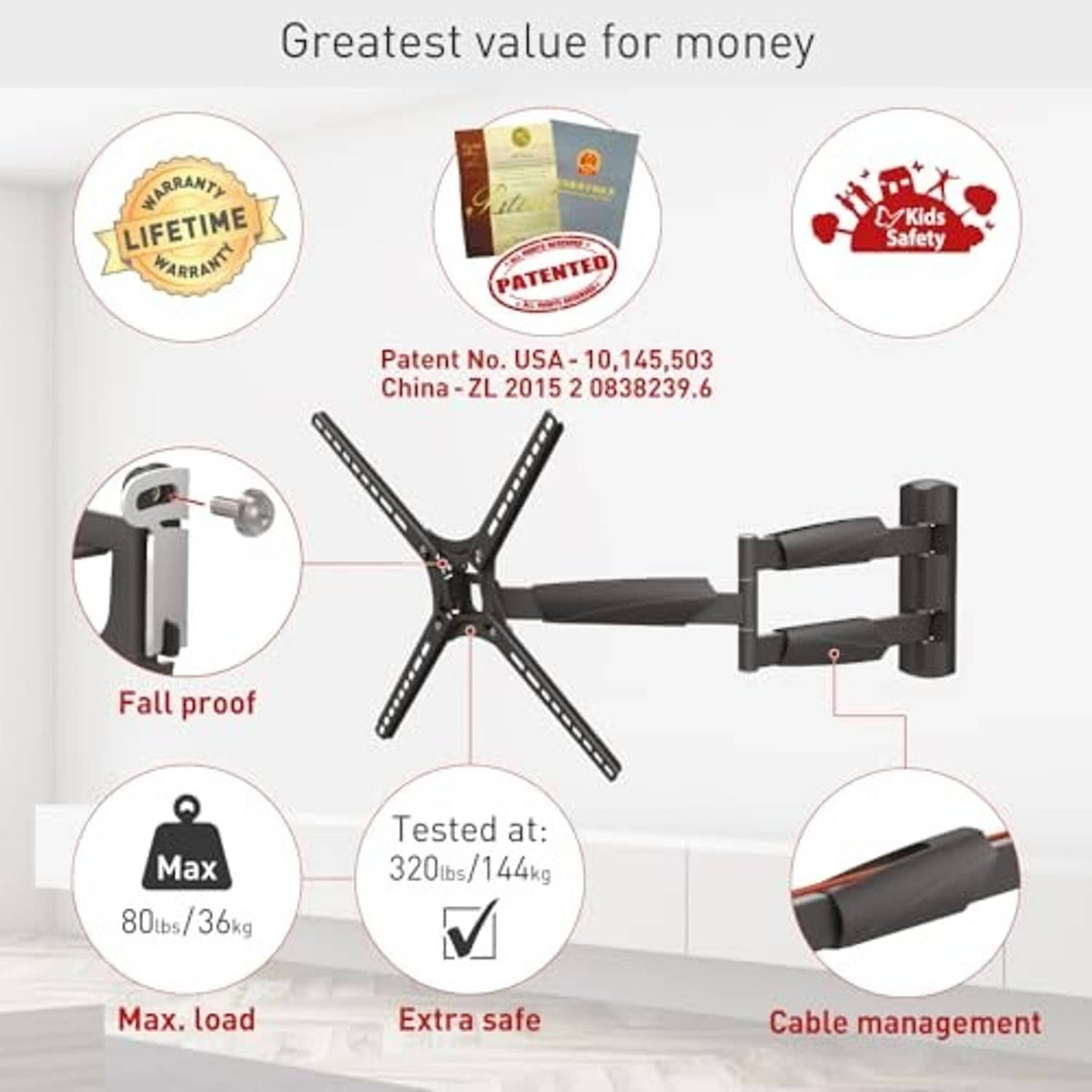 Black full-motion TV wall mount with load rating and cable management detail