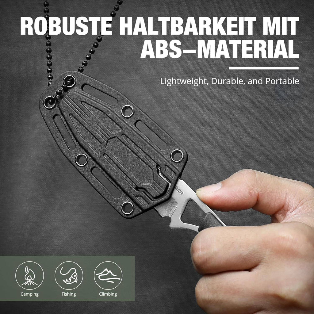 Small tanto neck knife with dark sheath and necklace chain held in hand