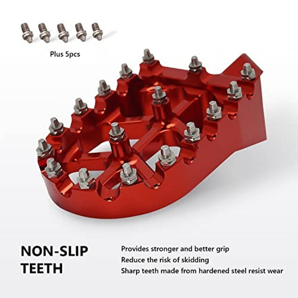 Red CNC foot pegs showing serrated metal grip teeth and textured platform