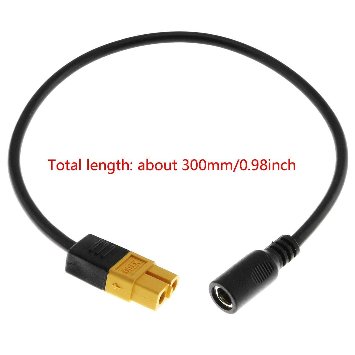 XT60 female to DC 5.5x2.1 female adapter cable, black wire, gold XT60 plug and DC socket