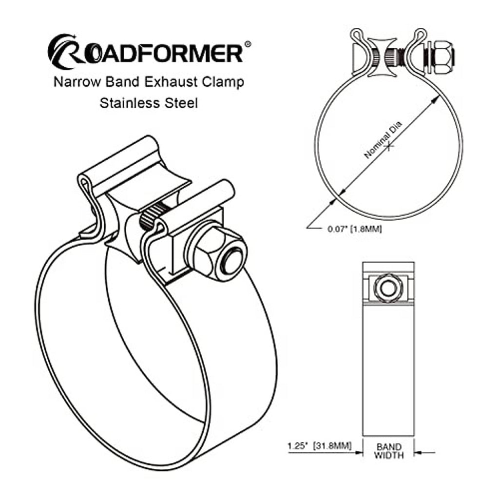 Line diagram of narrow band stainless exhaust clamp with band and bolt placement