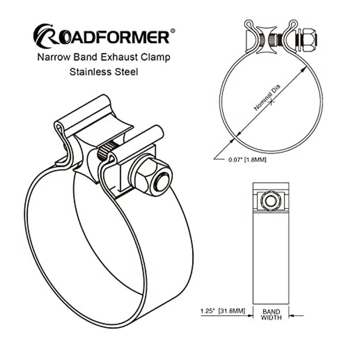Line diagram of narrow band stainless exhaust clamp with band and bolt placement