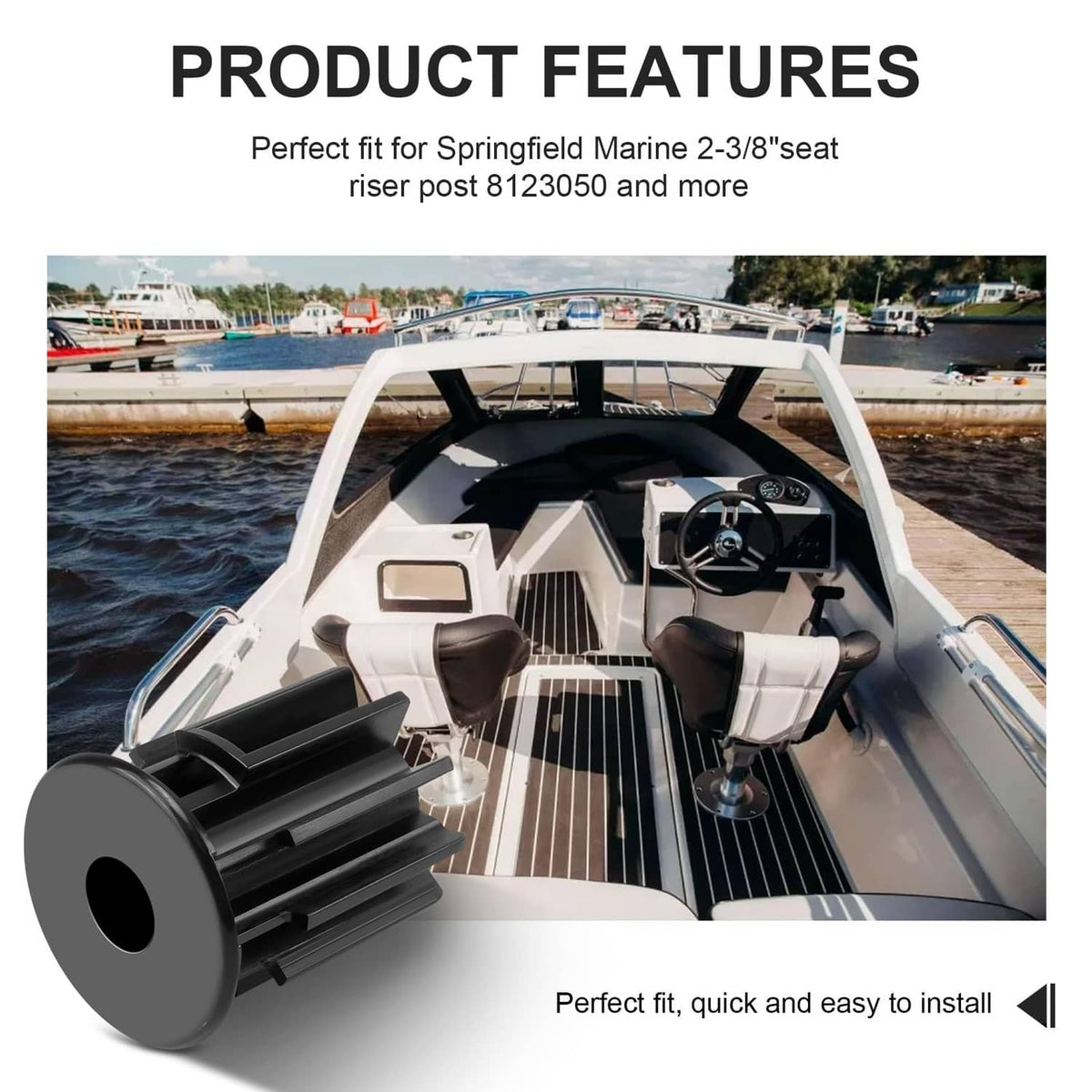 Black boat seat rod bushing adapter, ridged collar with center hole detail