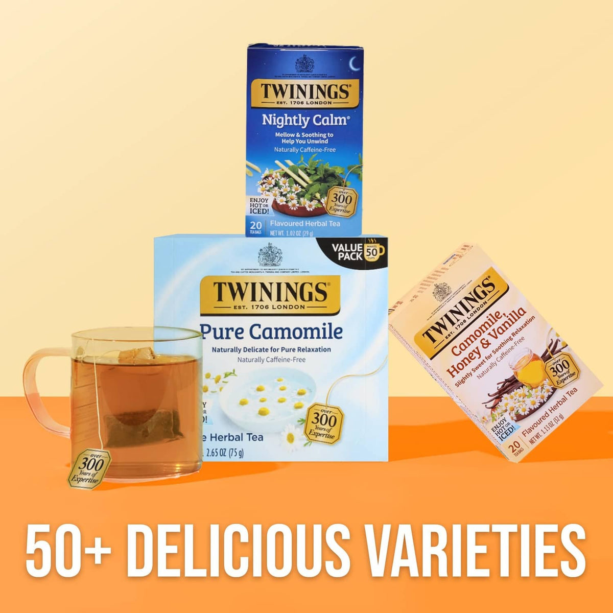 Assorted herbal tea boxes with Twinings Nightly Calm pack and cup on tray