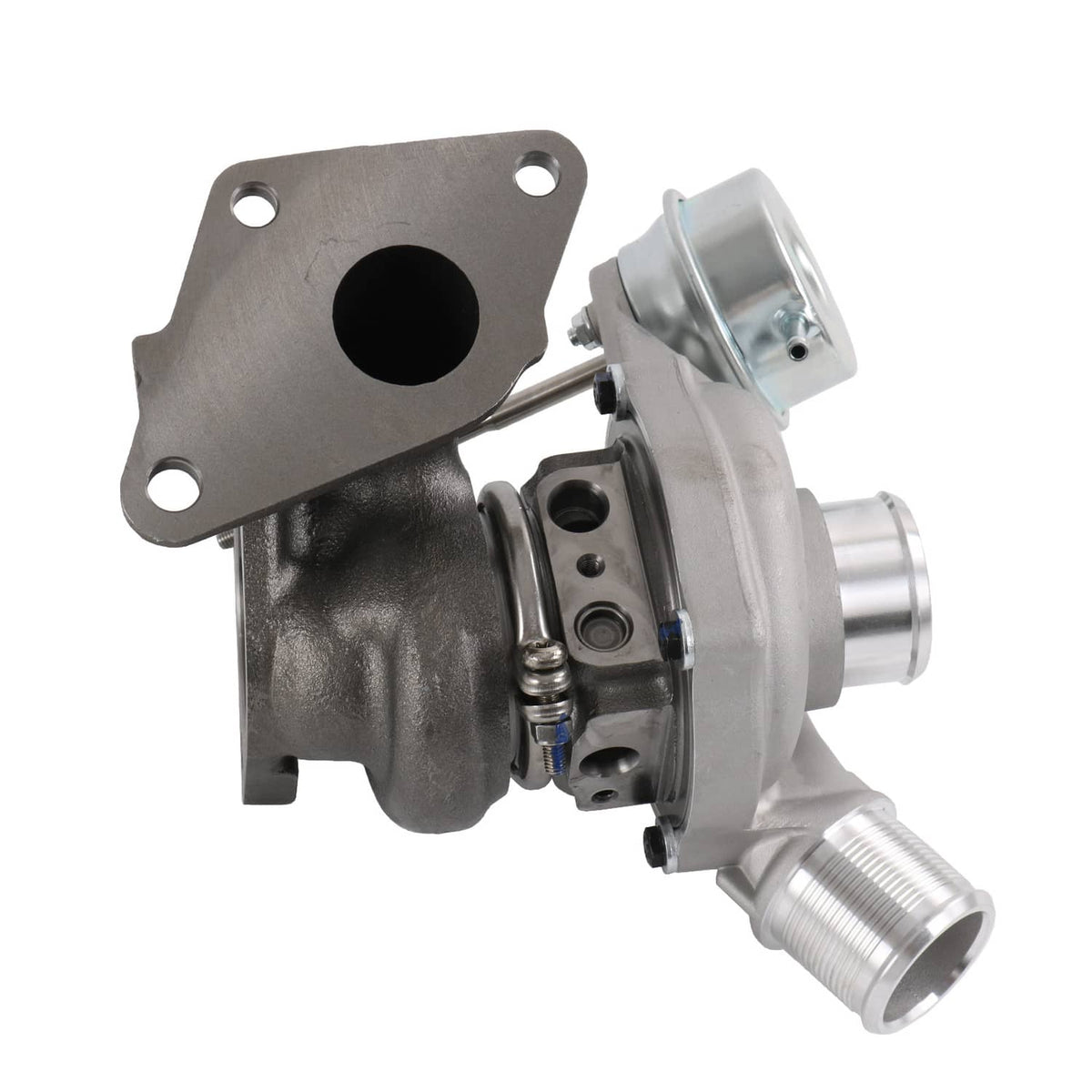 Turbocharger with cast mounting plate, oil return, and metal intake ports
