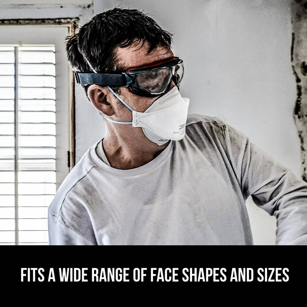 White 3M N95 respirator on person, cup shape with adjustable ear loops
