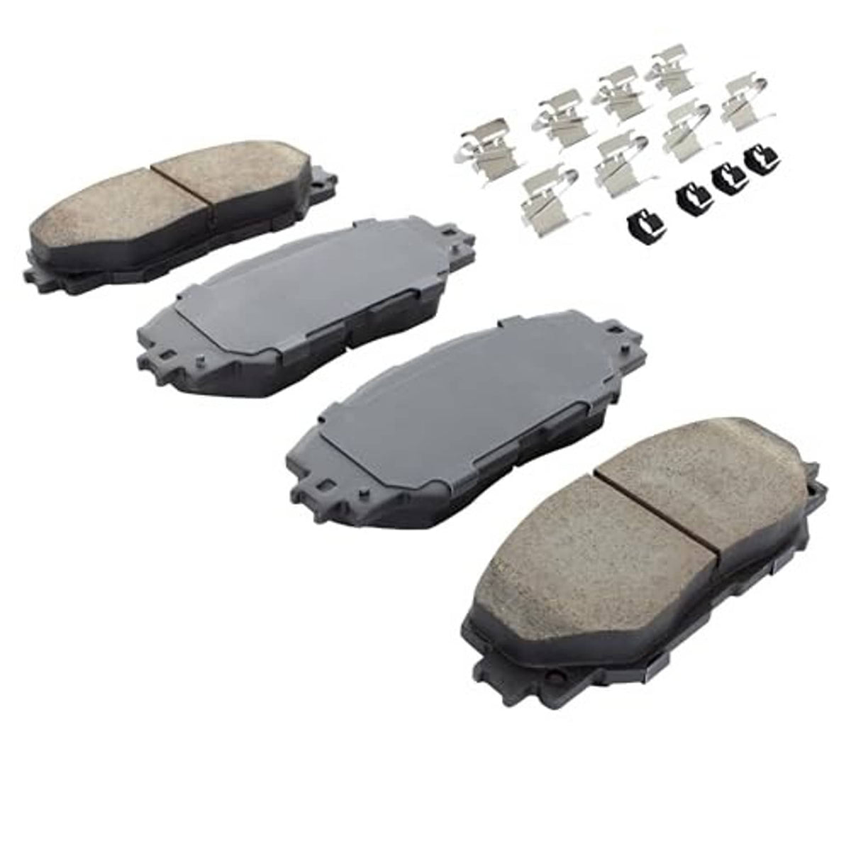 Front brake pads with gray friction material and metal backing plates plus hardware clips