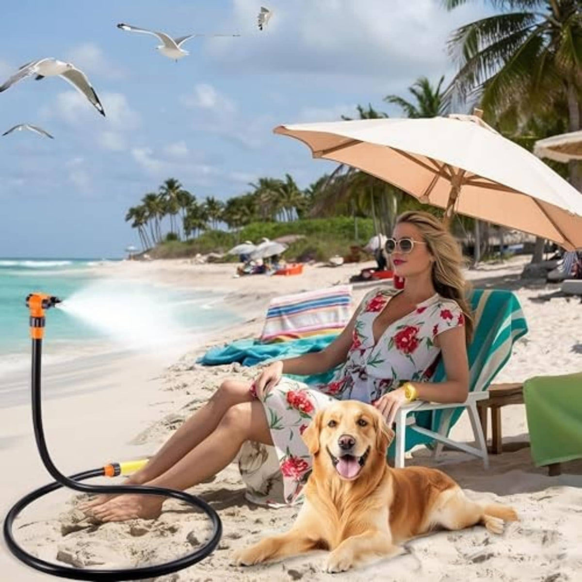 Beach patio misting hose with orange nozzle spraying water mist for cooling