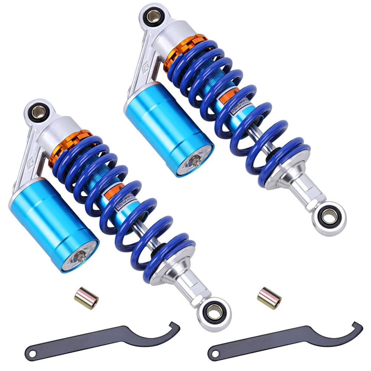 Motorcycle rear air shock absorbers with blue coil springs, silver arms, and blue cylinders
