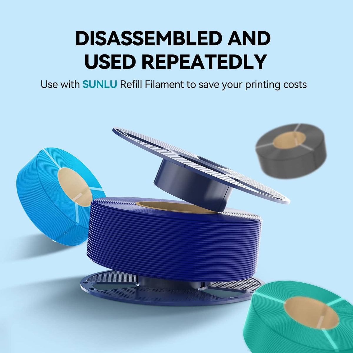 PLA 3D filament spool with blue filament coil and separate reel pieces