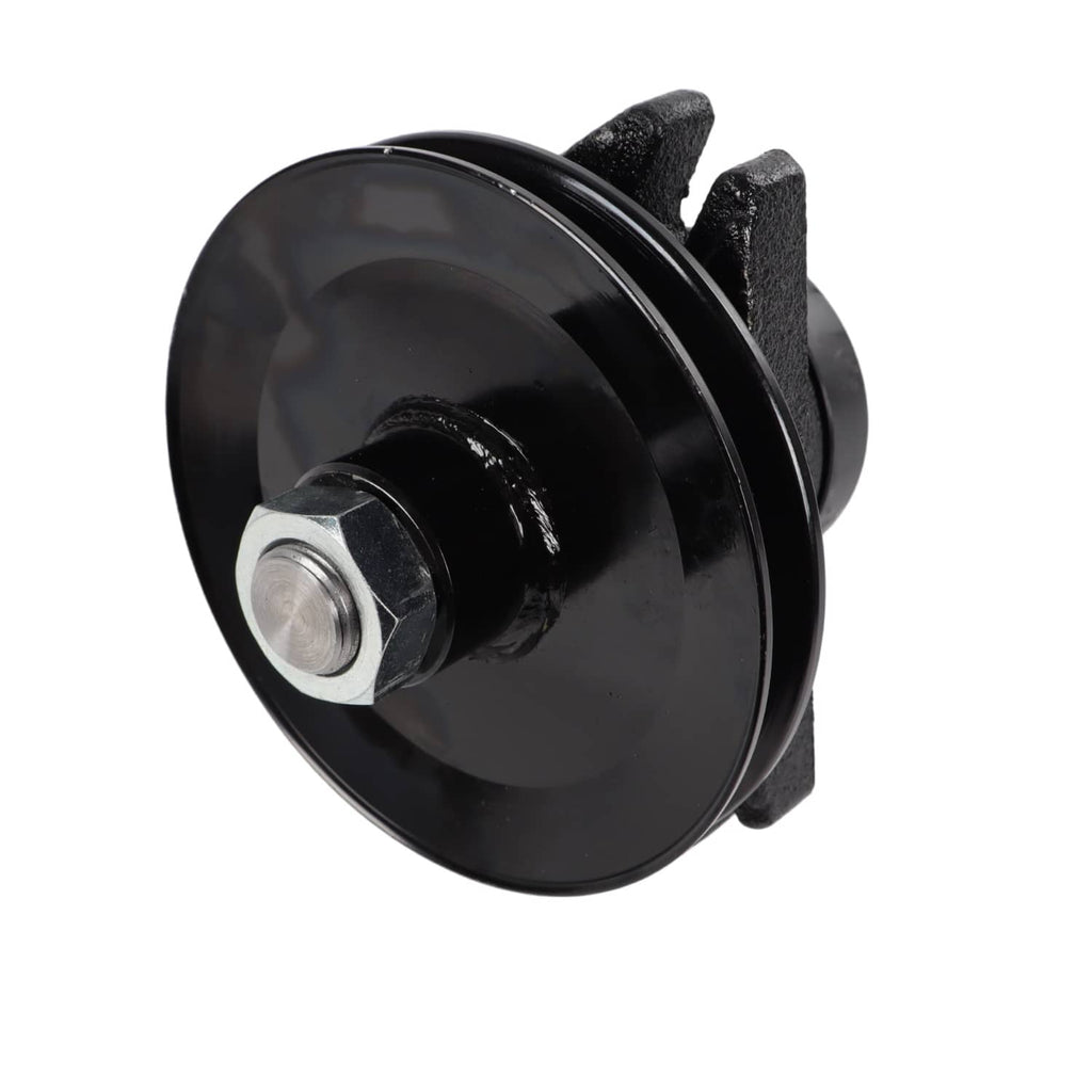 Lawn mower deck spindle with black pulley and mounting bolt
