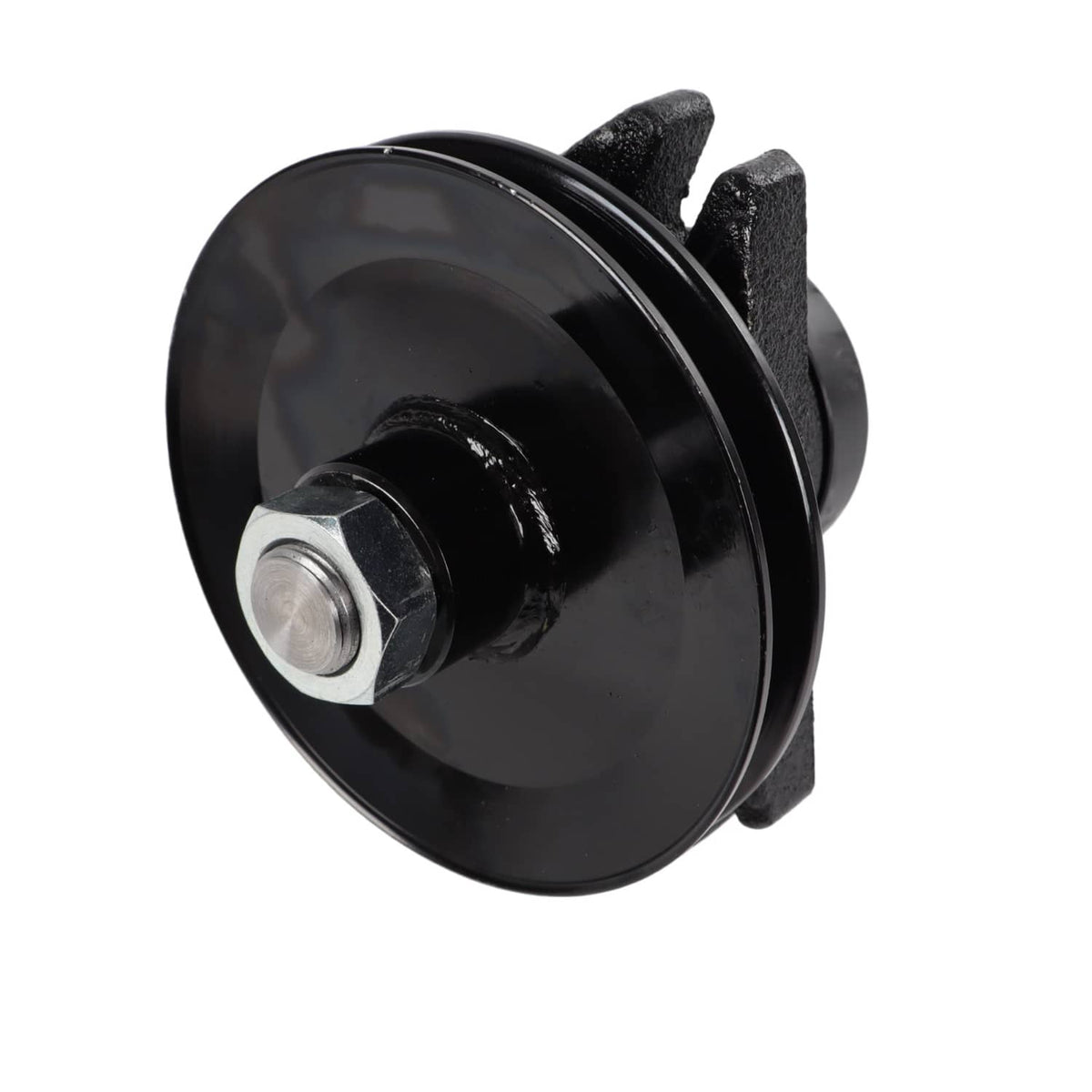 Lawn mower deck spindle with black pulley and mounting bolt
