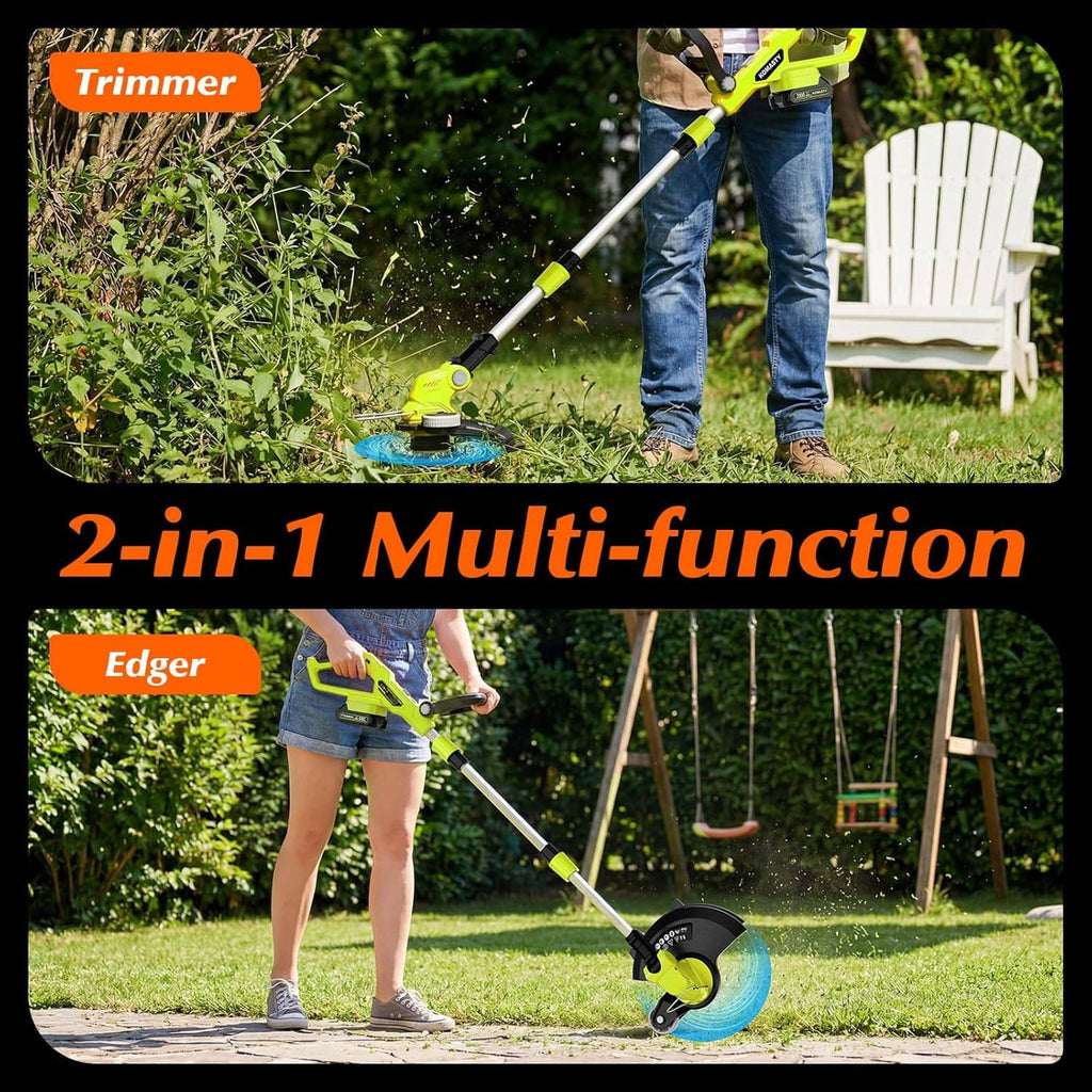 Cordless string trimmer/edger with extended shaft and cutting head, shown in outdoor use