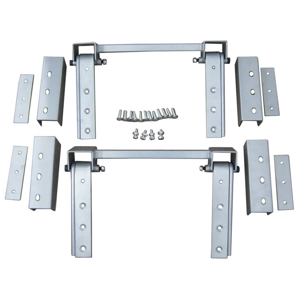 Hidden door hinge kit with two U-shaped hinge arms, side plates and fasteners