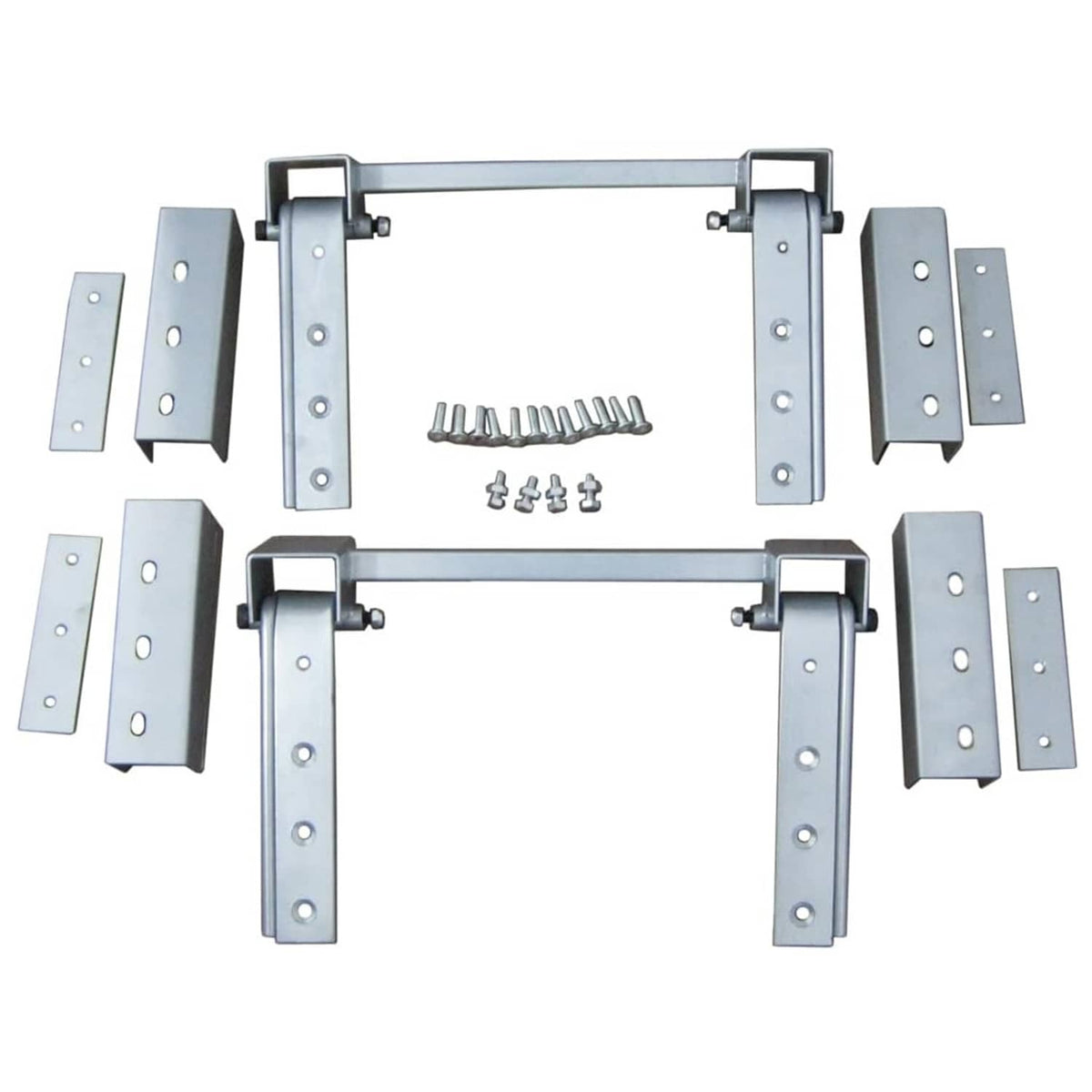 Hidden door hinge kit with two U-shaped hinge arms, side plates and fasteners