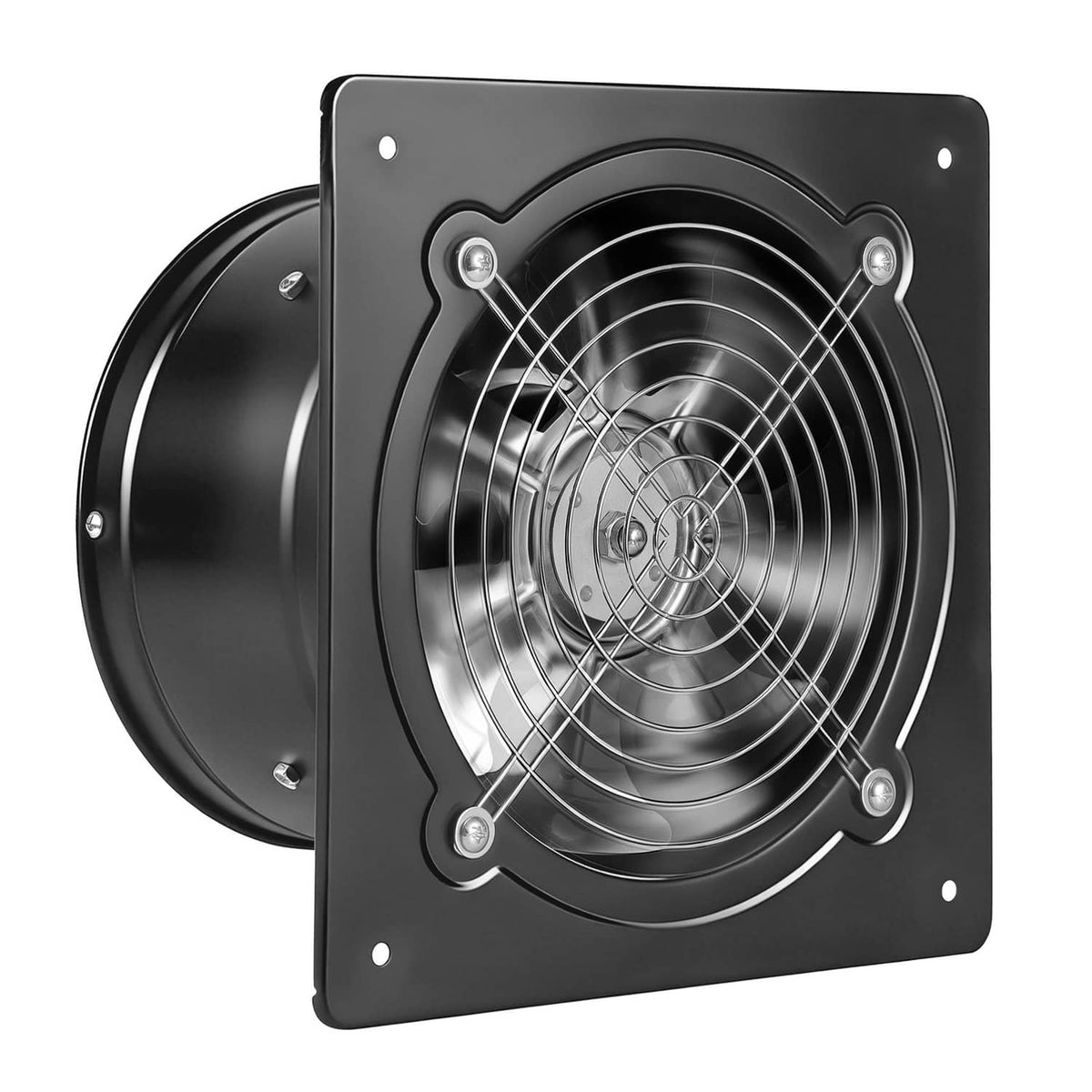Wall-mounted ventilation fan front view with black frame and side duct housing
