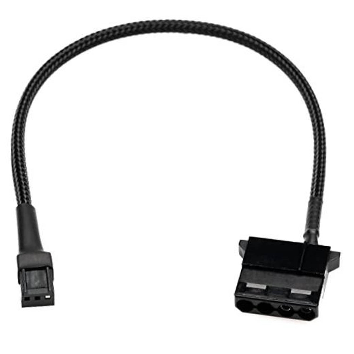 3-pin fan header to 4-pin Molex power adapter cable, black braided, with two connectors