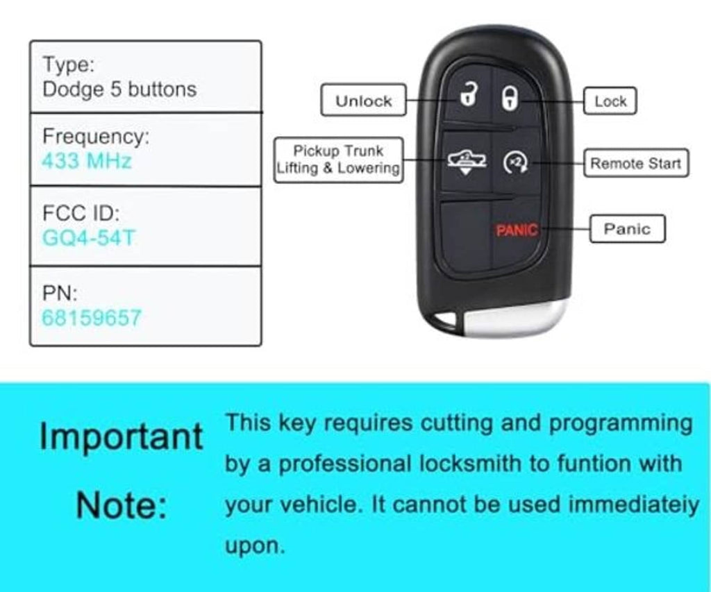 Key fob remote with button labels and important note about cutting and programming