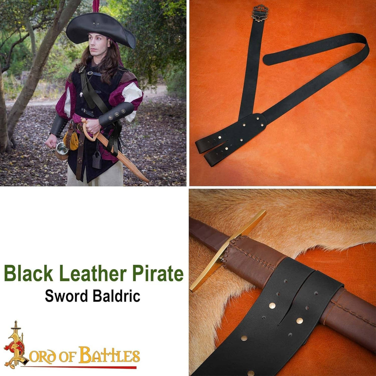 Black leather sword baldric with metal sword hanger and studded strap