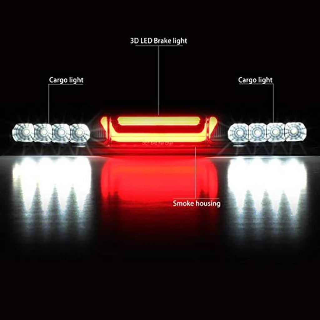3D LED high mount brake light showing glowing red light pattern with smoke housing