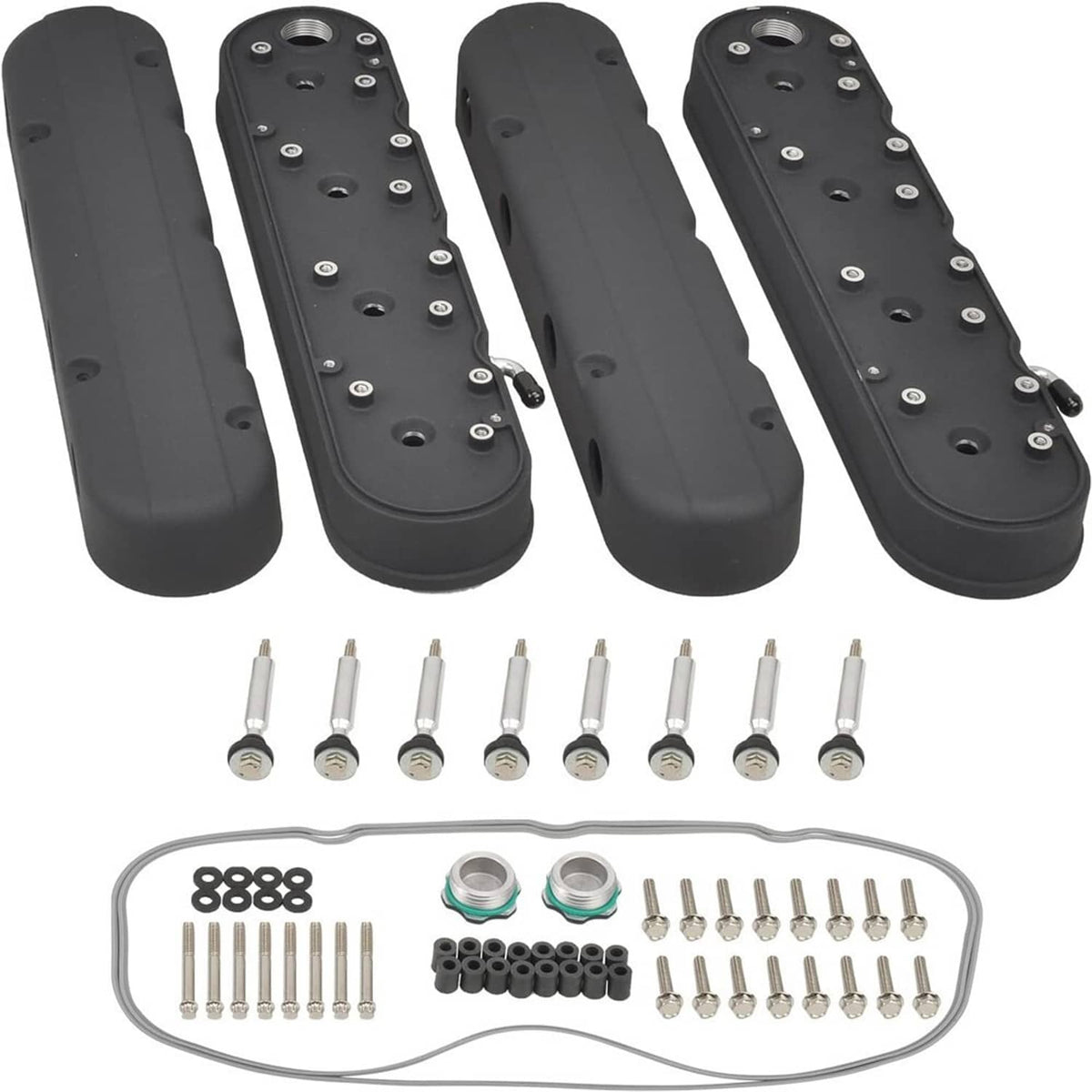 Set of black valve covers with coil-mount plates and included hardware