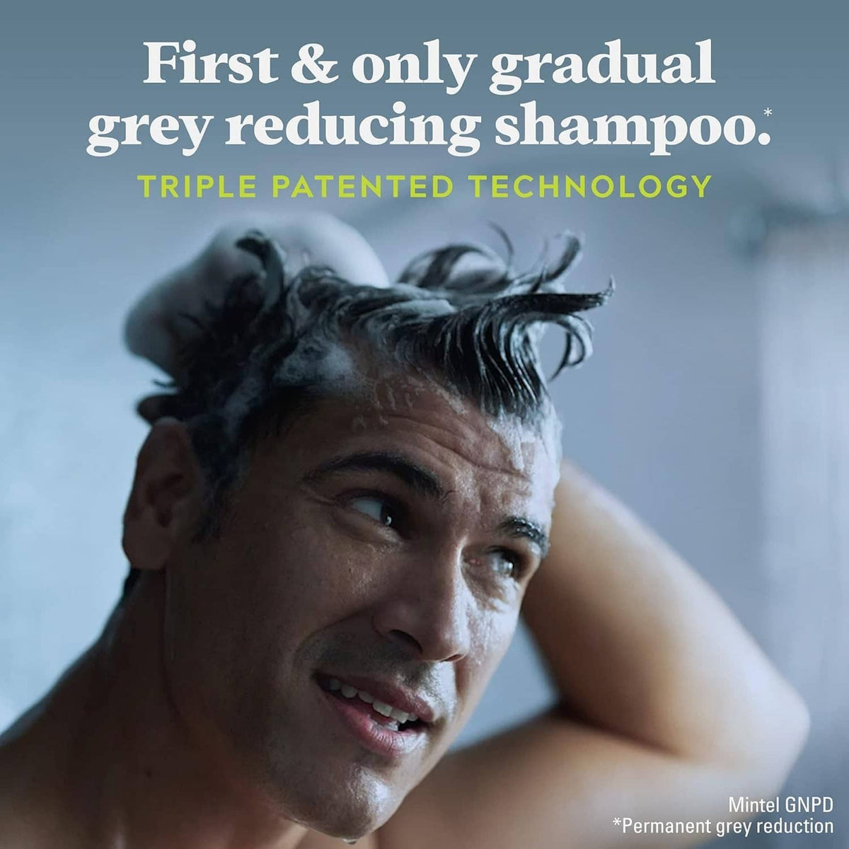 Gradual gray-reducing shampoo in use, person washing hair with lather