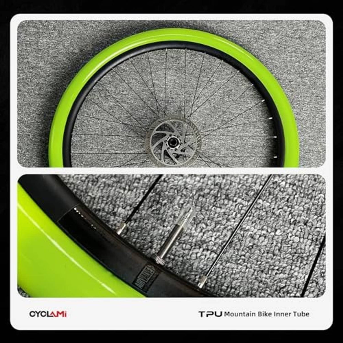 Green TPU mountain bike inner tube on a wheel rim, close-up view