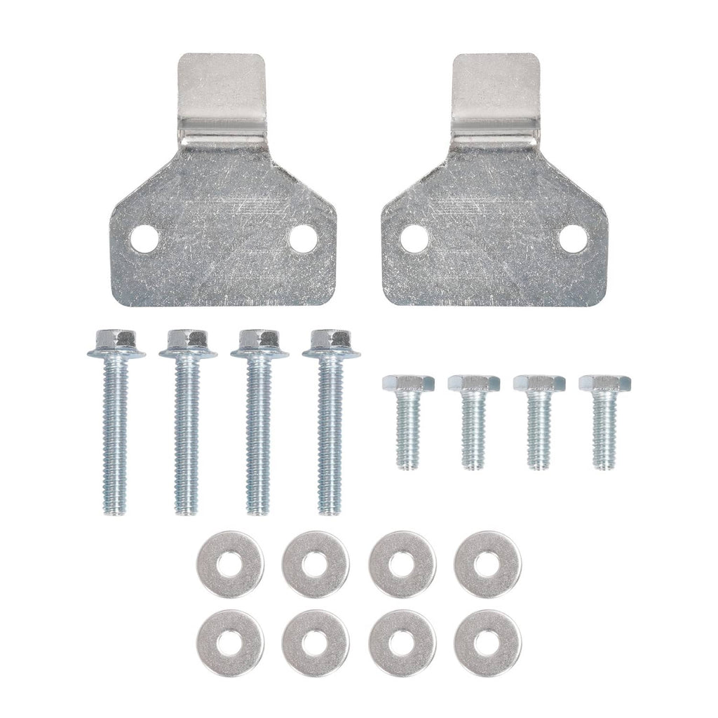 Metal mounting plates with screws and washers for hip restraint installation