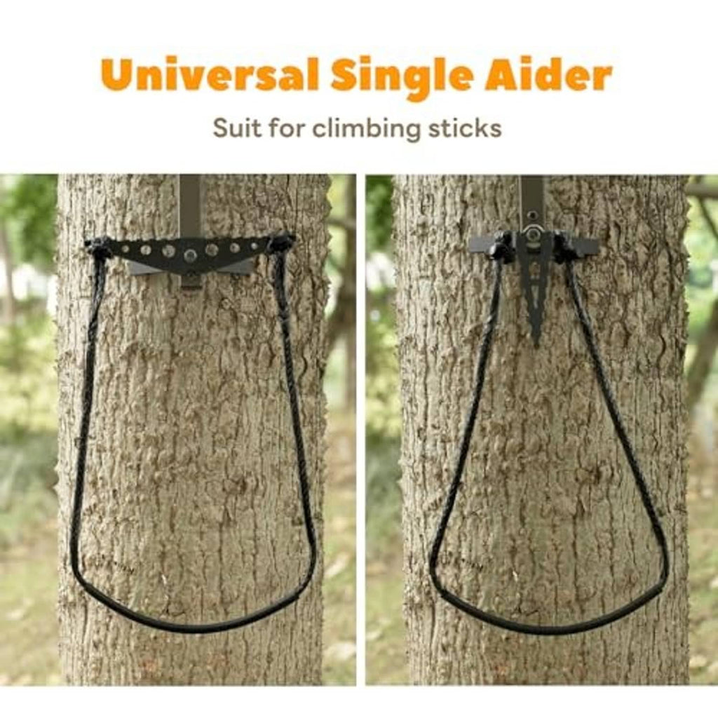 Single step climbing aider with black braided rope and metal bar attached to tree