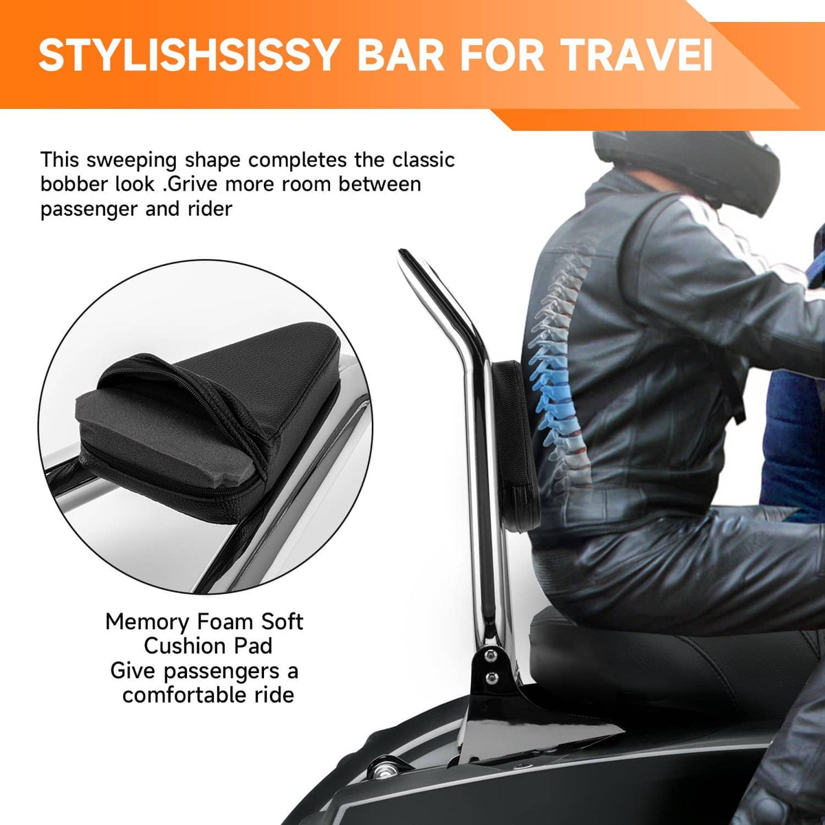 Chrome sissy bar with black memory-foam style passenger backrest pad