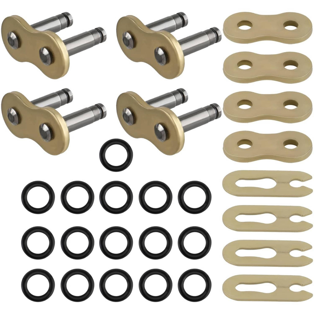 Gold chain master link set with connecting plates, pins, and black O-ring seals